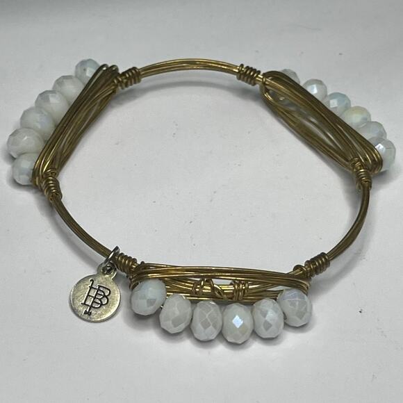 BOURBON & BOWETIES gold tone bracelet bangle petite faceted white beads jewelry - Picture 1 of 10